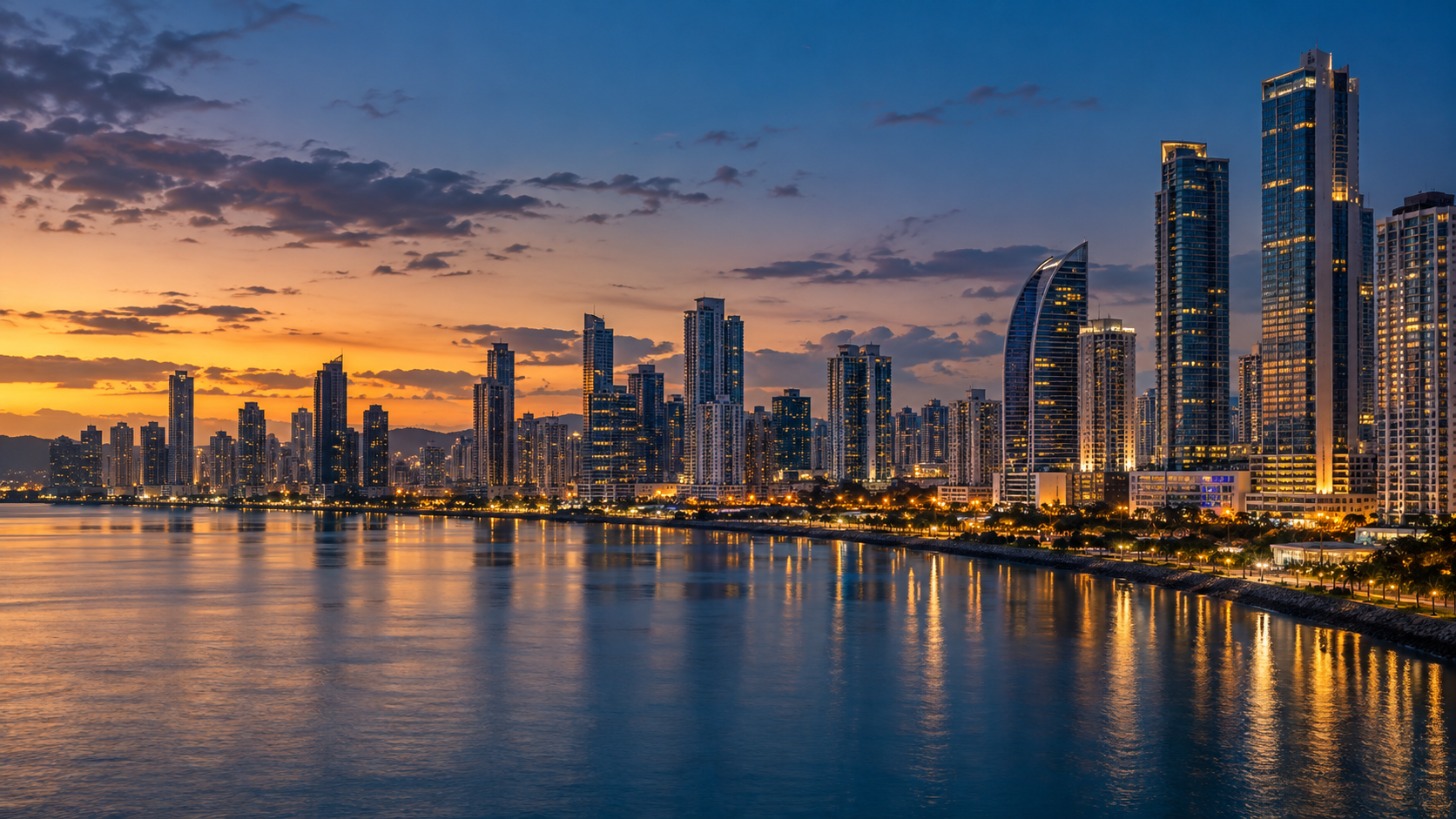 Panama City skyline and waterfront at blue hour